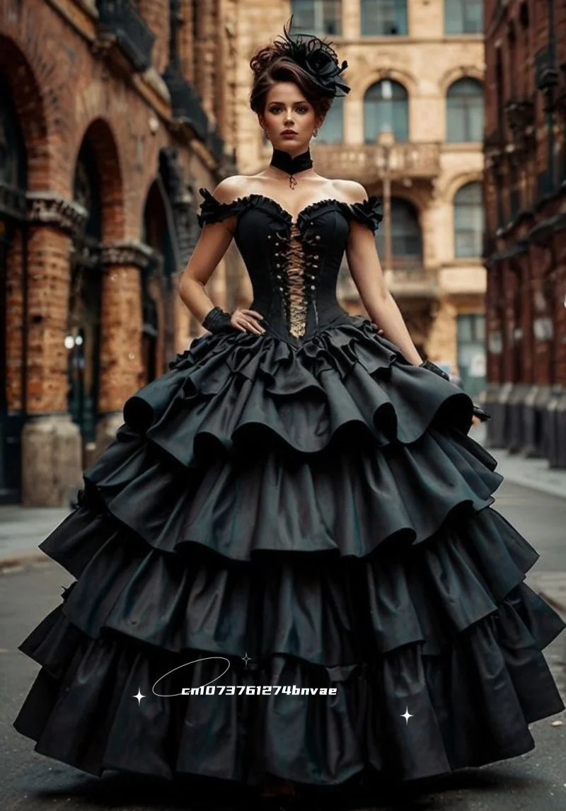 

Steampunk Black Gothic Wedding Dress Corset Off Shoulder Tiered Prom Ball Gown Floor Length Customized Bridal Vestidos De Novia