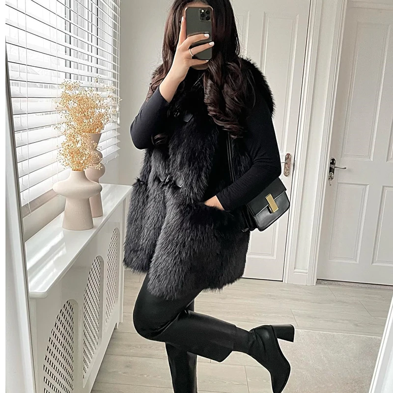 Brand Horn Buttons Long Faux Mink Fur Vest Tops Women Winter Sleeveless Overcoats Luxury Ladies Shaggy Waistcoat Gilets Casaco