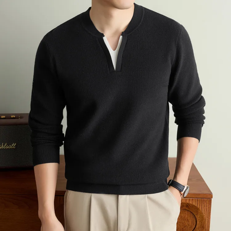 Men Modal Wool Knit polo 2026 Spring Autumn V-Neck Knitwear Long Sleeve Wool Jumper Pullover Knit Tops