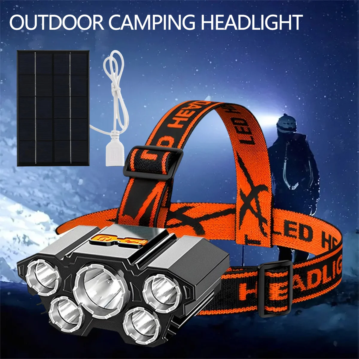 Outdoor Camping Adventure Fishing Headlight LED Flashlight Rechargeable Solar Kit Built-in 18650 Battery Strong Light