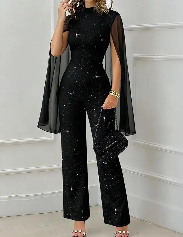 

Jumpsuit Women 2025 Spring Autumn New Fashion Glitter Mock Neck Sheer Chiffon Cloak Sleeve Overalls Casual Zipper Back Jumpsuit