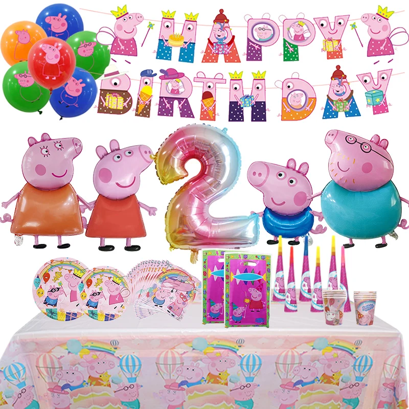 Peppa Pig Birthday Party Decoration Aluminum Foil Balloon For Kid Event Supplies Disposable Tableware Banner Backdrop Gift