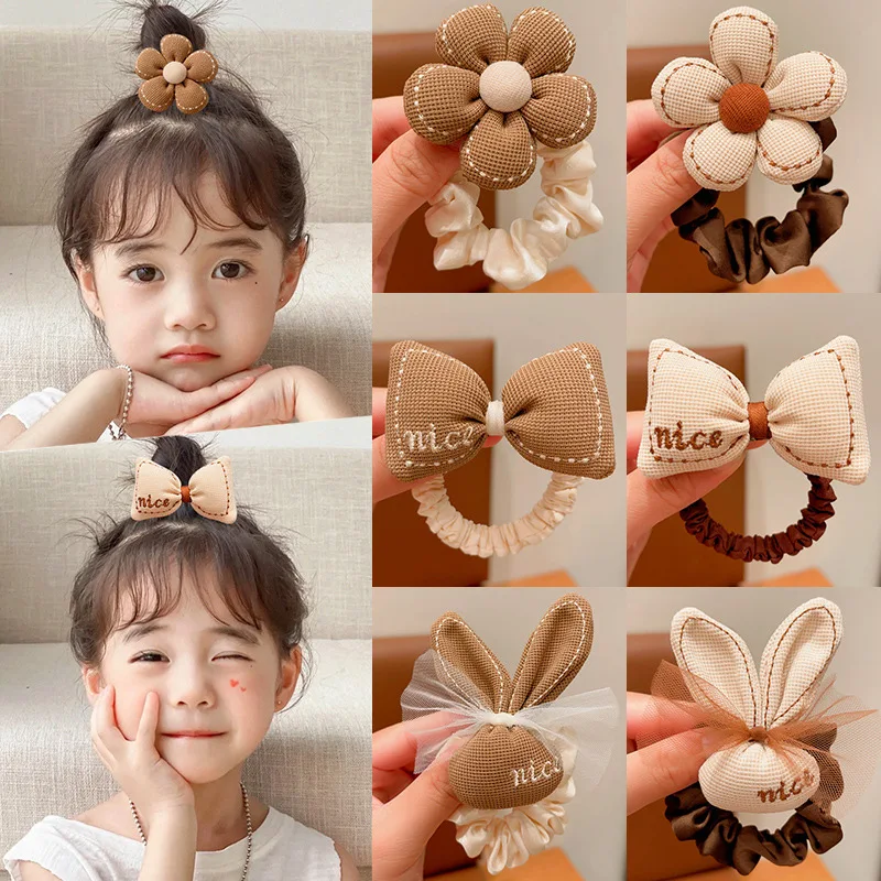 NEW Korean Cartoon Chocolate Elastic Hair Bands Bear Rabbit Hair Ties Rope Girls Gum Smile Flower Scrunchies Kid Ponytail Holder