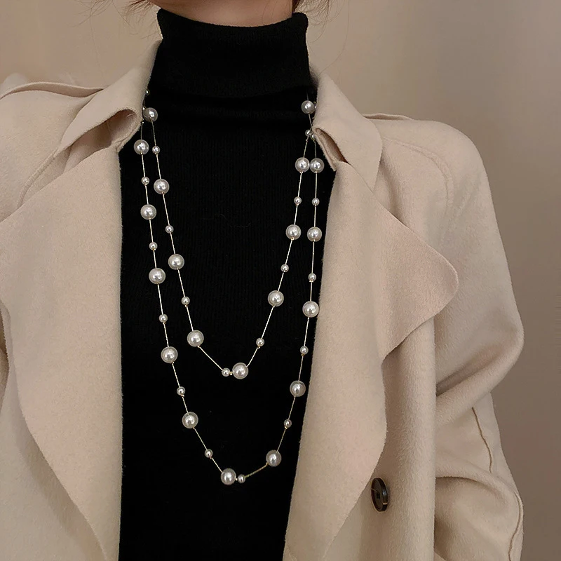 Elegant Double Layer Simulated Pearl Sweater Necklace Women Female Collares Long Chain Necklace Gift