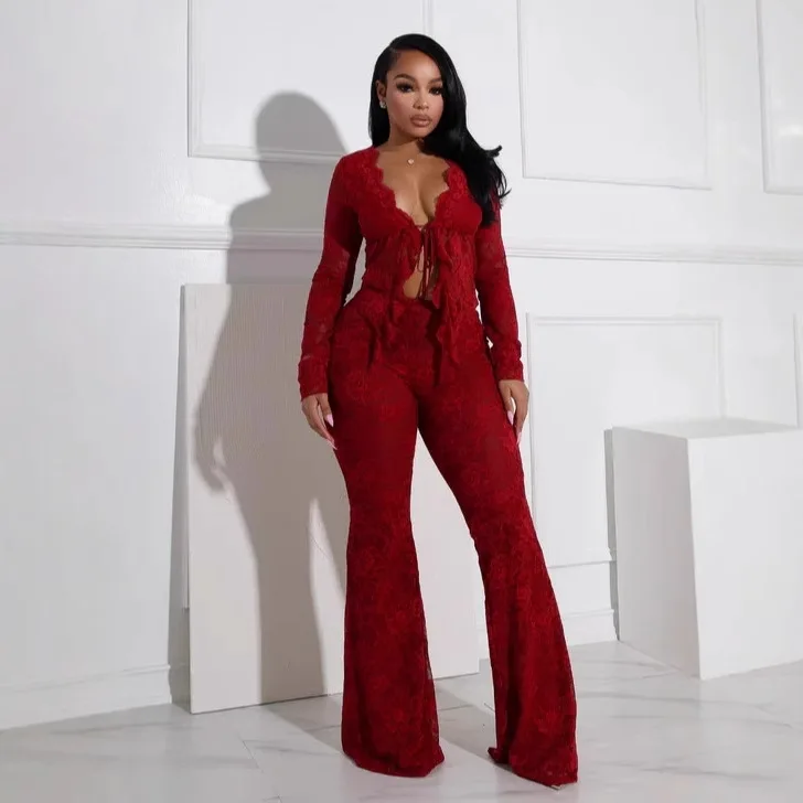 Women's Red Lace Texture Deep V Tie Top & Flared Pants Two-Piece Set Sexy Elegant Party Outfit Fashion Slim Fit Evening