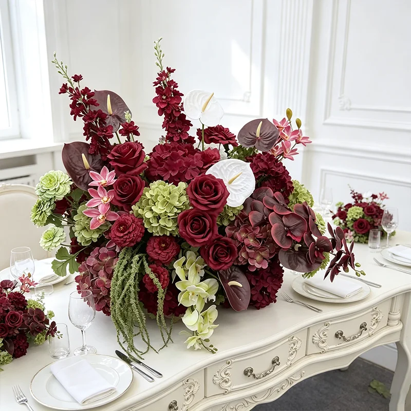 Burgunderrotes Anthurium Künstliche Blume Dunkelrote Rose Blumenarrangement Hochzeitstisch Bodenblume Party-Hintergrund Gang Bühnendekoration – Detail 3