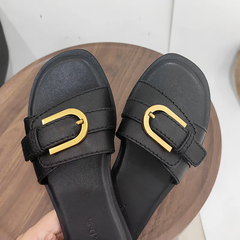 Slippers for Woman 2024 Summer Beach Flats Ladies Buckle Slides Gladiator Sandals Luxury Genuine Leather Mules Zapatos Mujer