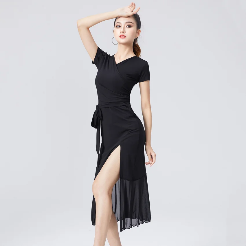 New Latin Dance Dress Short Sleeve Female Adult Black National Standard Dance Sexy Performance Dance Dress