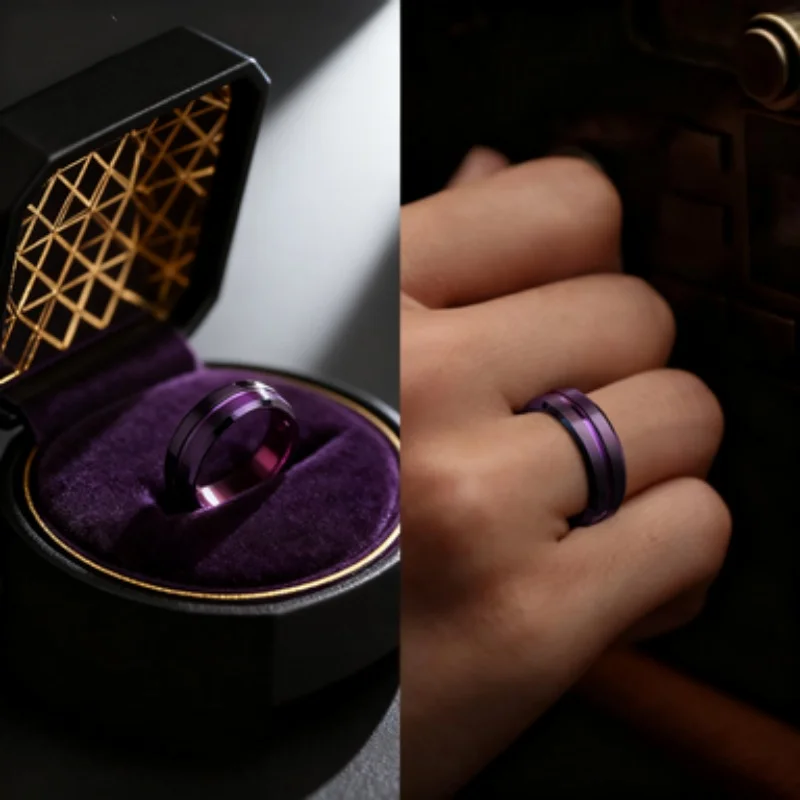 

Classic Stainless Steel Men's Ring Purple Bevel Edge Slotted Design Fashionable Jewelry Gift - Sizes 6-13
