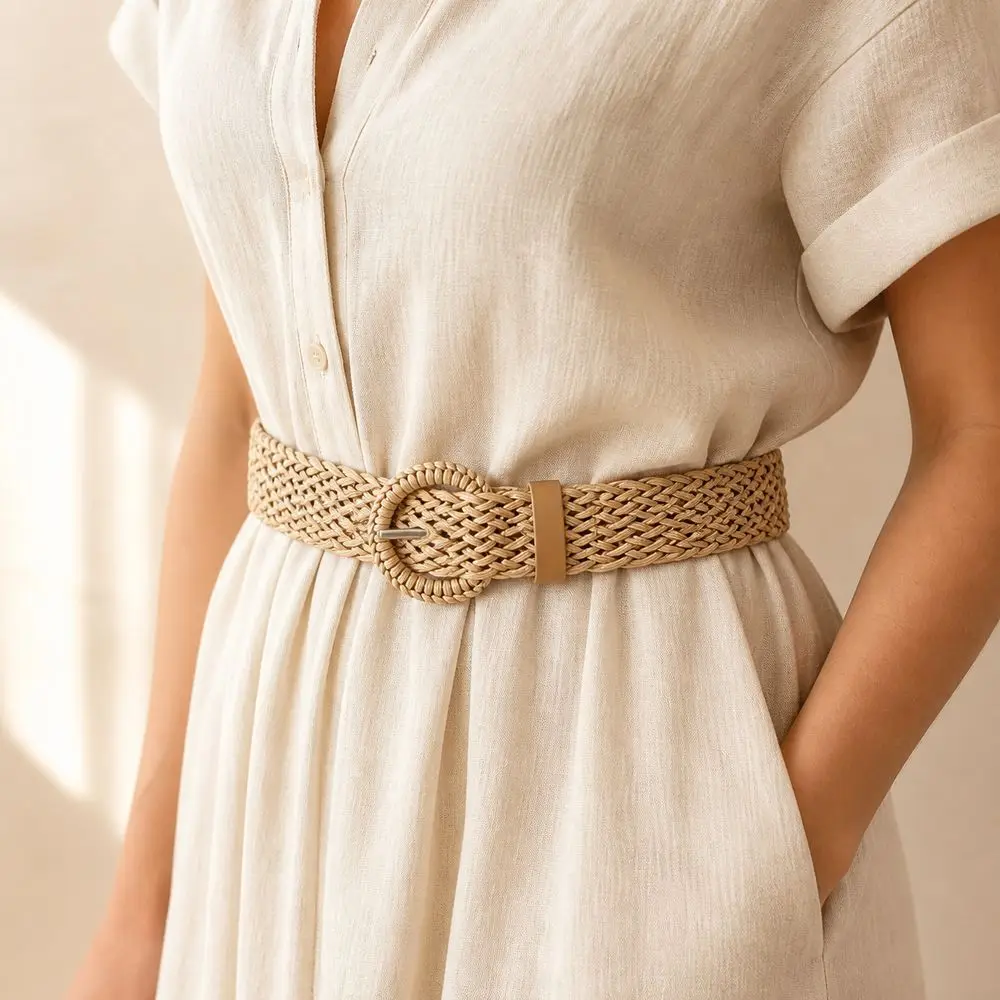 Adjustable Fit Woven Waist Belt Round Ring Buckle Ethnic Style Women Waist Belt Vintage Style Braided Waist Belt Daily Outfits