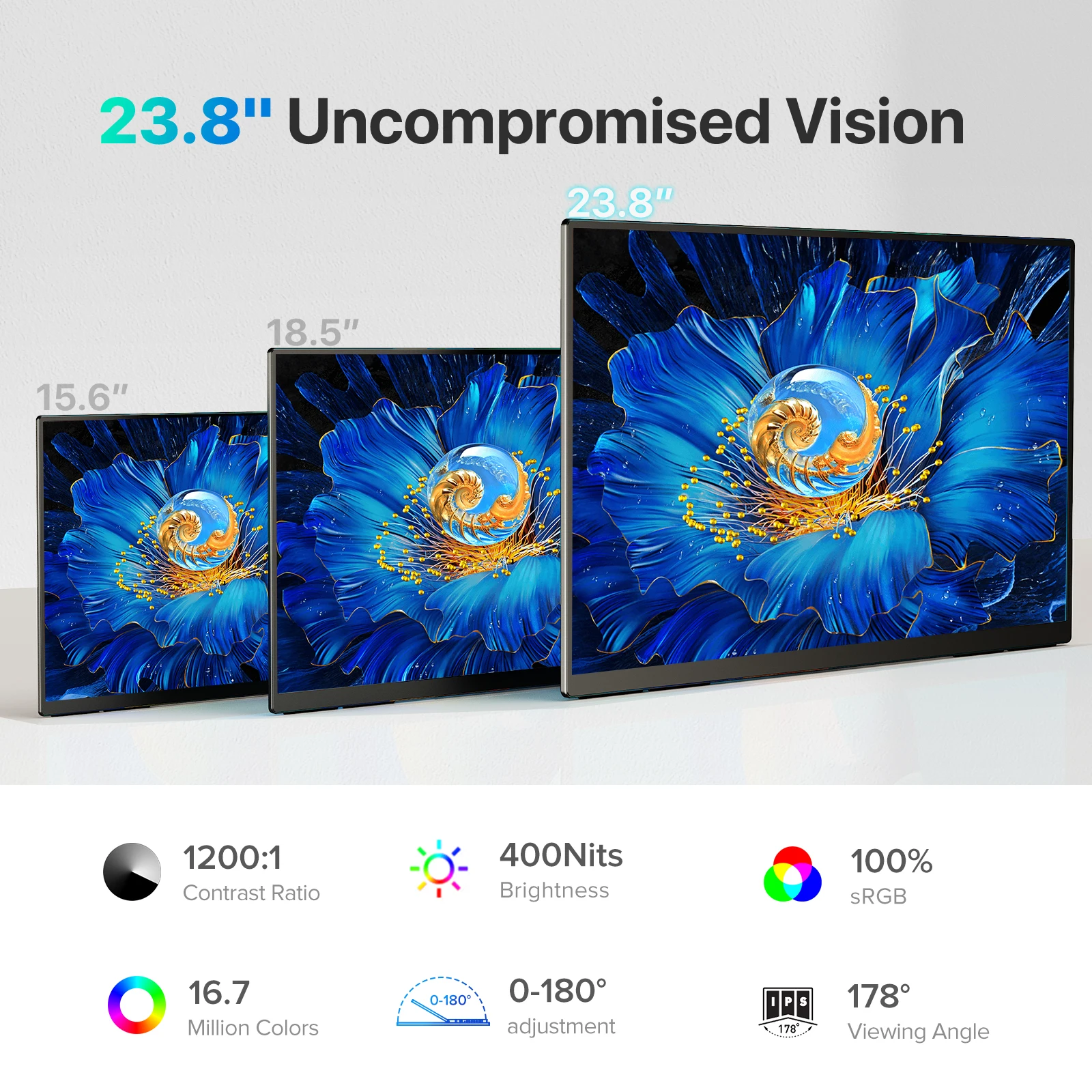 UPERFECT 23.8 "180Hz 2K مراقبة الألعاب المحمولة QHD نوع C HDMI العناية بالعين الشاشة الثانية الخارجية لجهاز الكمبيوتر المحمول وحدة تحكم الألعاب PS5 تبديل جهاز الكمبيوتر الشخصي الهاتف مع حامل الوقوف HDR FreeSync