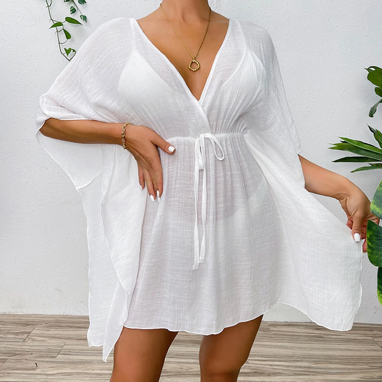 2024 Summer Women Swimsuit Cover Up Drawstring Kaftan V Neck Loose Wrap Dress Robe Solid See Through Beachwear Dresses