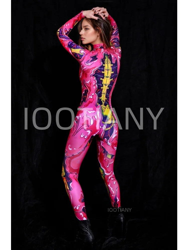 Damen-Party-Kostüm für Feiertage, Cyberpunk-Comic-Zombie-Bodysuit, Halloween, lustiges Cosplay-Skelett-Kostüm, Karneval, Stretch-Strumpfhose, Jumpsuit – Detail 11
