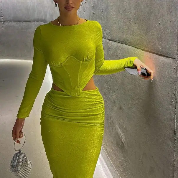 

New Fashion Solid Color Women's Skirt Suit Sexy Long-sleeved Round Neck Tight Top Pleated Hip Skirt Two-piece Set Party Style