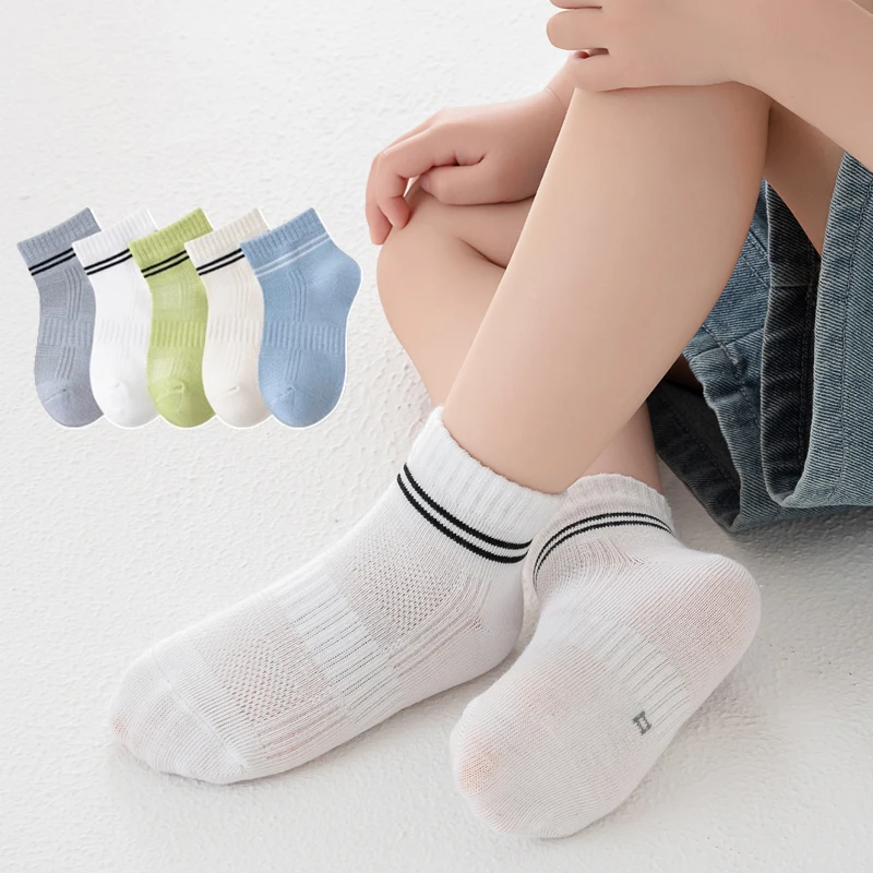 Children's Socks Spring And Summer Thin And Breathable Boys' White Mesh Boat socks Versatile For Sports 5 Pairs