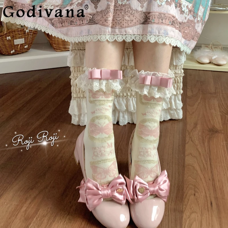 

Japanese Style Soft Girls Lolita Cotton Socks Spring and Autumn New Cute Bow Lace Kawaii Socks Loli Lo Casual Versatile Socks