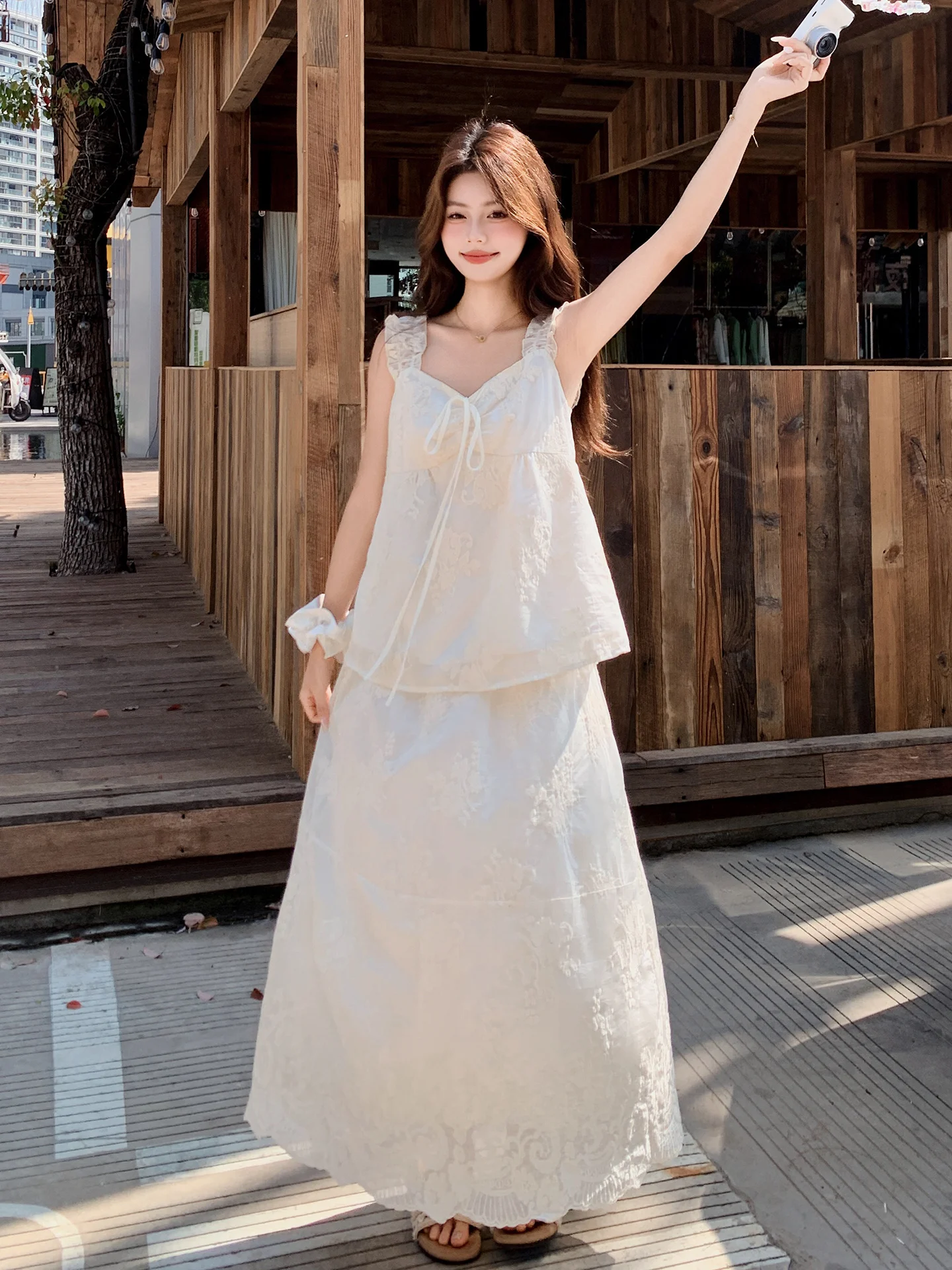 Romantic Style Beige Floral Embroidery Halter Skirt Set Women Summer Travel Outfit Two-Piece Set Midi Length V-Neck Sleeveless