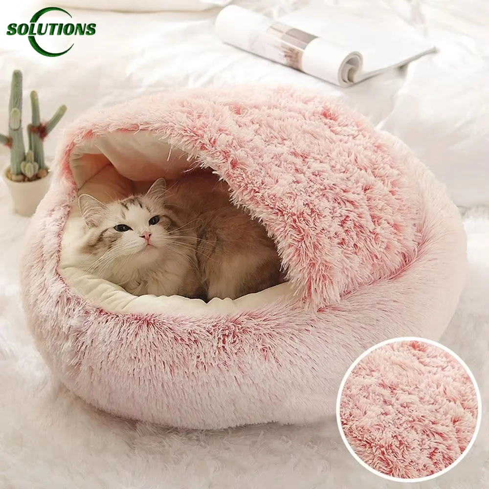 Cat Bed Soft Plush Covered Circular Enclosed Round Cat Bed Kitten Cushion Comfortable Sleep Bag Cat Nest Kennel For Small Pet 