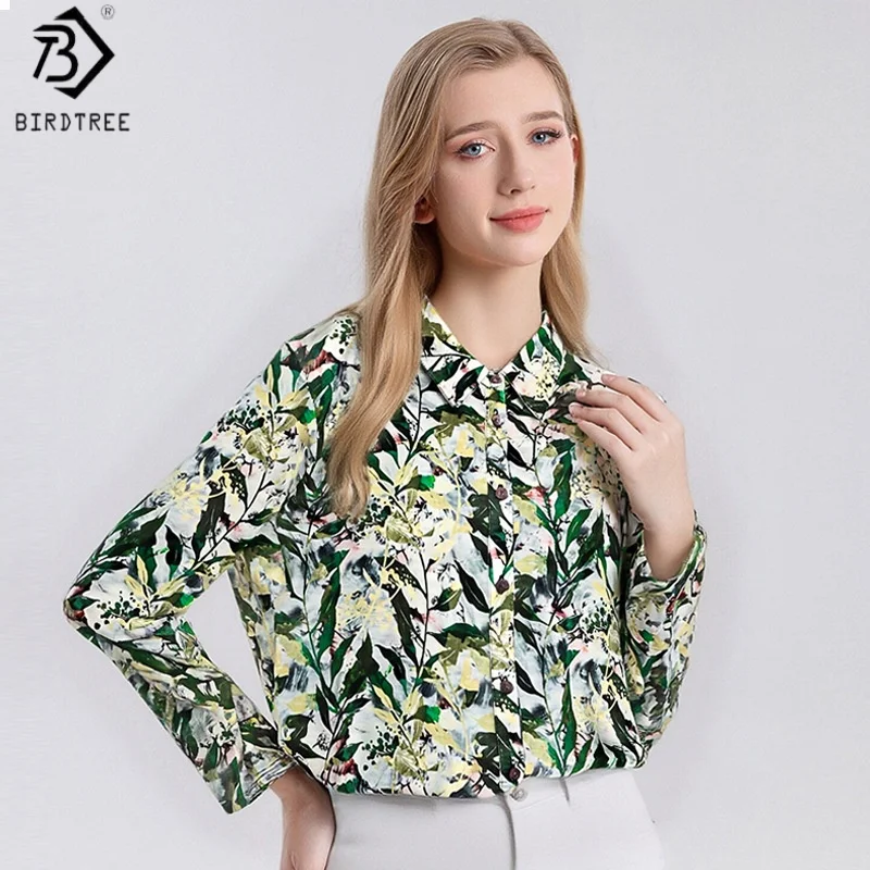 

Birdtree, от XL до 4XL, блузка из 100% австралийской шерсти, женские топы с лацканами и растительным принтом, однобортная, осенне-зимняя рубашка 2025 T5N605JF