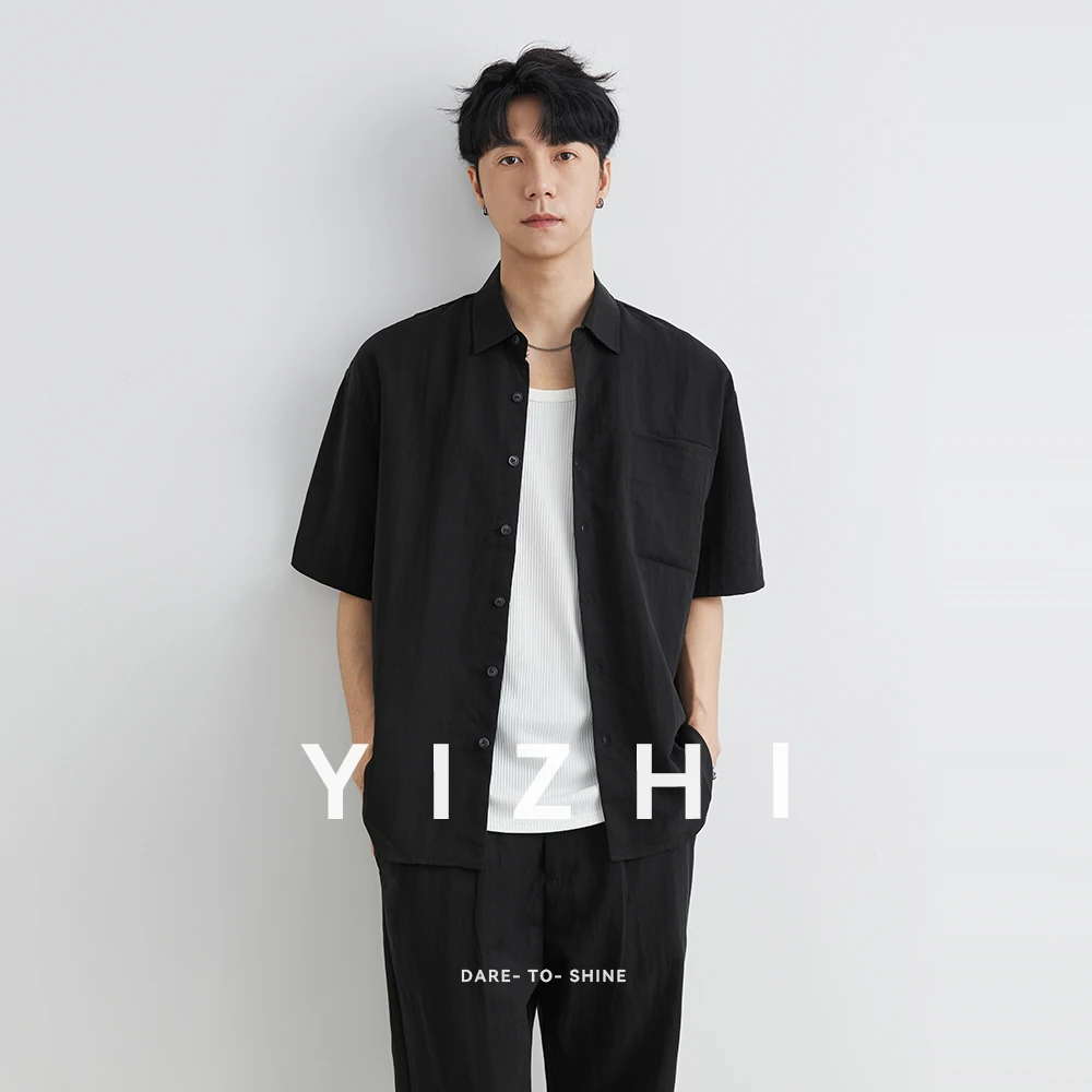 

Men's Lyocell Short Sleeve Shirt Trousers Summer Solid Color Lapel Pocket Casual Tops Fashion Pants Matching All-match Men