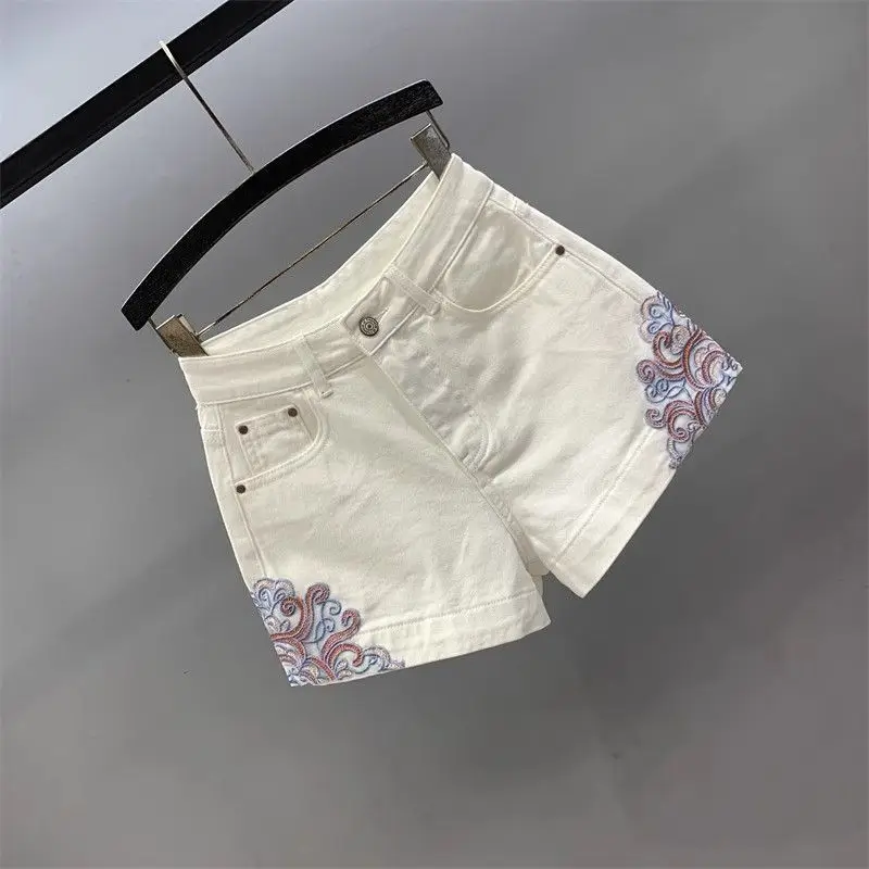 헤비 인더스트리 자수 화이트 카우보이 반바지 여성 여름 신상 하이웨이스트 다용도 슬림 A라인 스트레이트 레그 팬츠