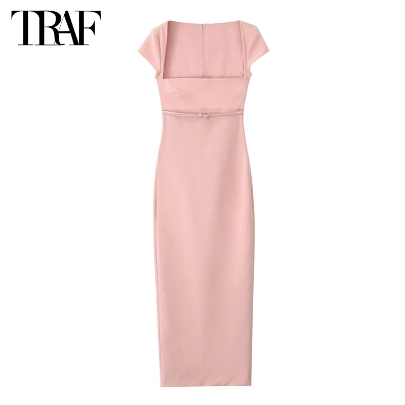 TRAF 2024 Pink Midi Dress Women Summer Corset Female Dress Beach Bodycon Long Dresses for Woman Vintage Evening Womens Dresses