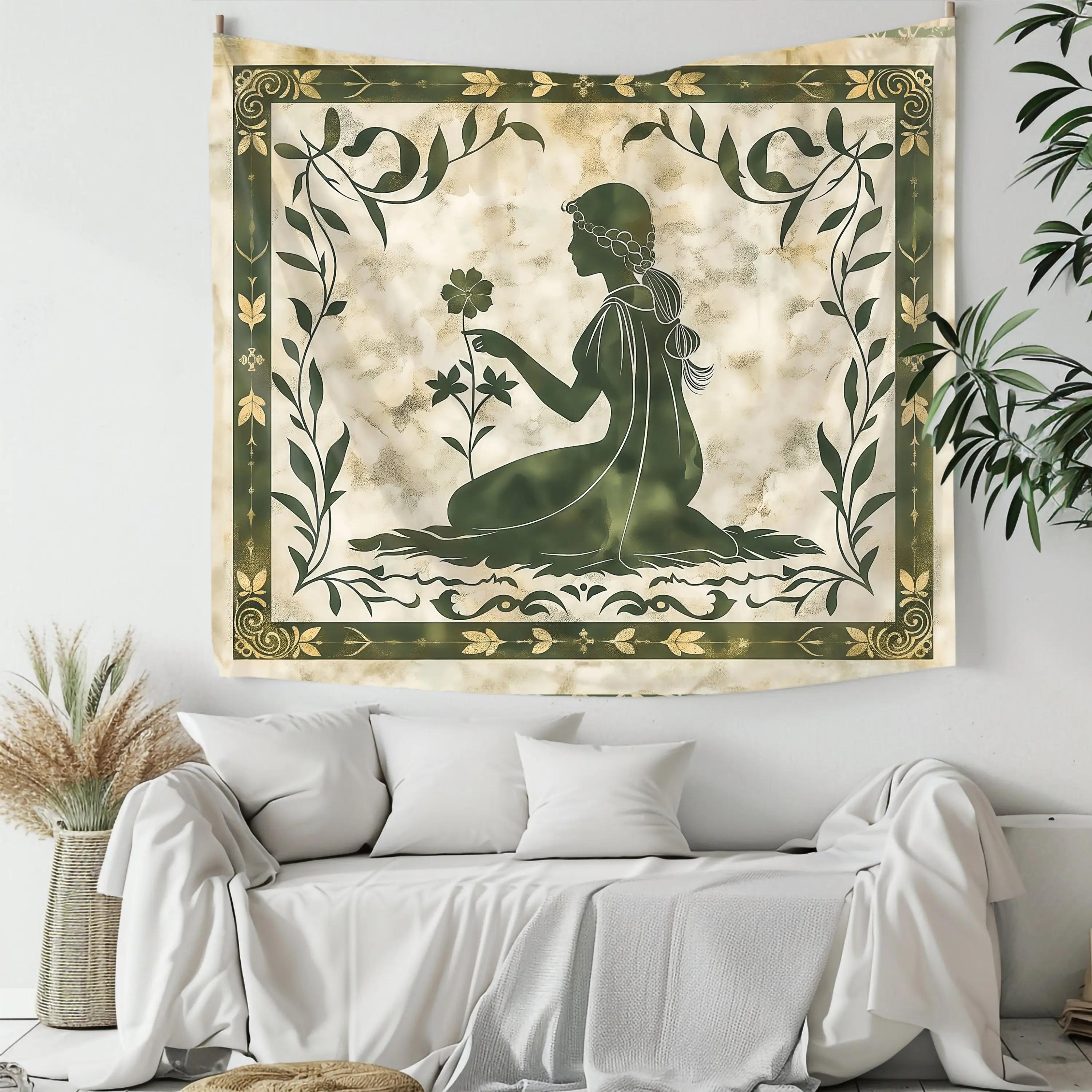 

VIKAMA Olive Green Virgo Goddess Tapestry Marble Pattern Flower Frame Atmosphere Decoration Room Decoration