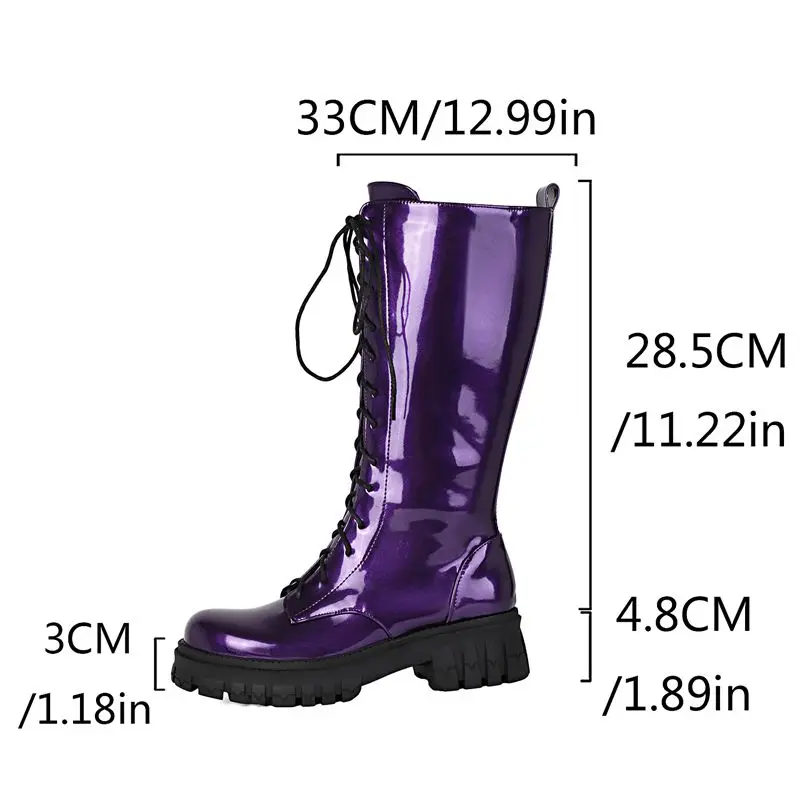 SIMLOVEYO Brand Shiny Female Knee High Boots Round Toe 4.8cm Block Heels Platform Zipper Lace Up Oversize 41 42 43 Comfort
