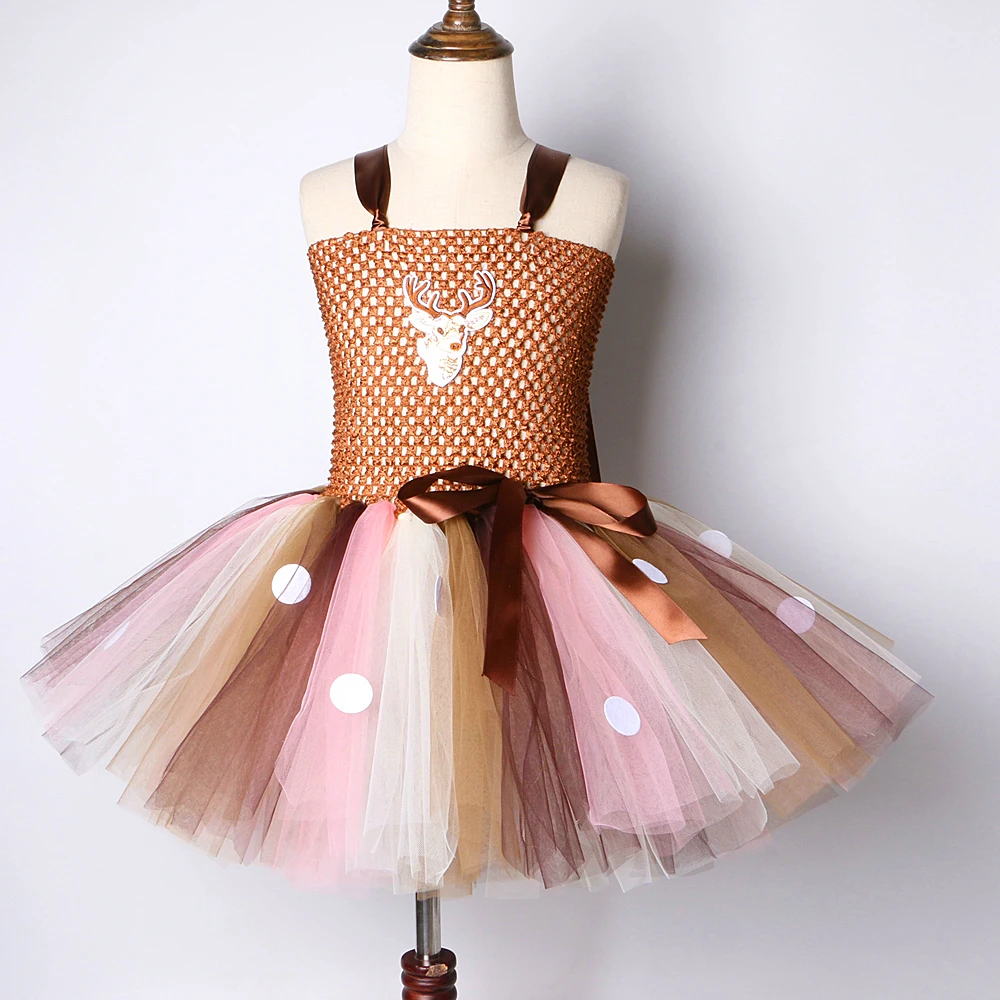 Brown Deer Tutu Dress for Girls Christmas Halloween Costume Kids Reindeer Princess Dresses Knee-length Xmas Children\'s Clothes