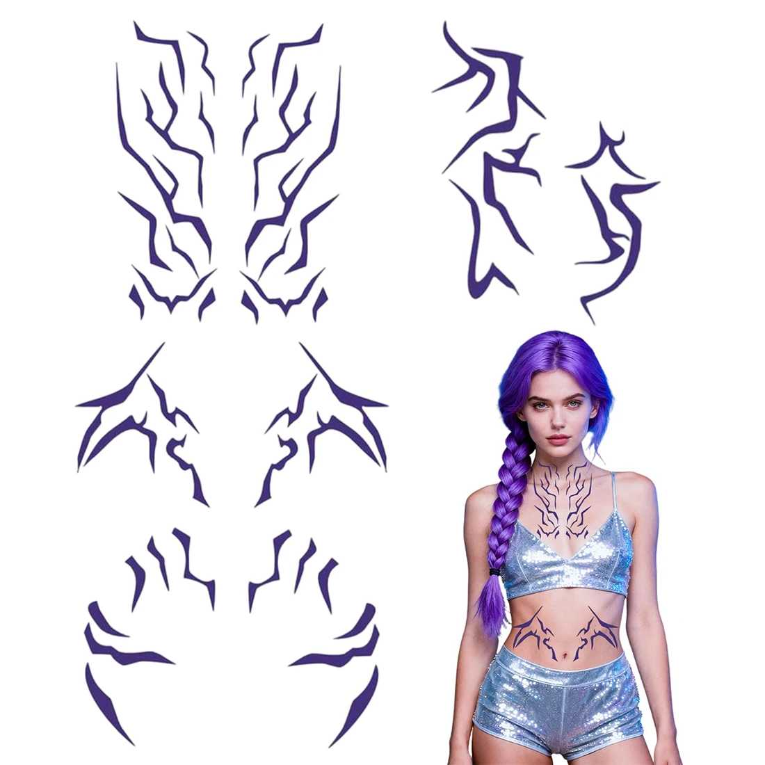 

Party Makeup Purple Temporary Tattoos & Purple Long Braid With Side Ponytail Childrens Wig Halloween Costume Party Anime Cosplay