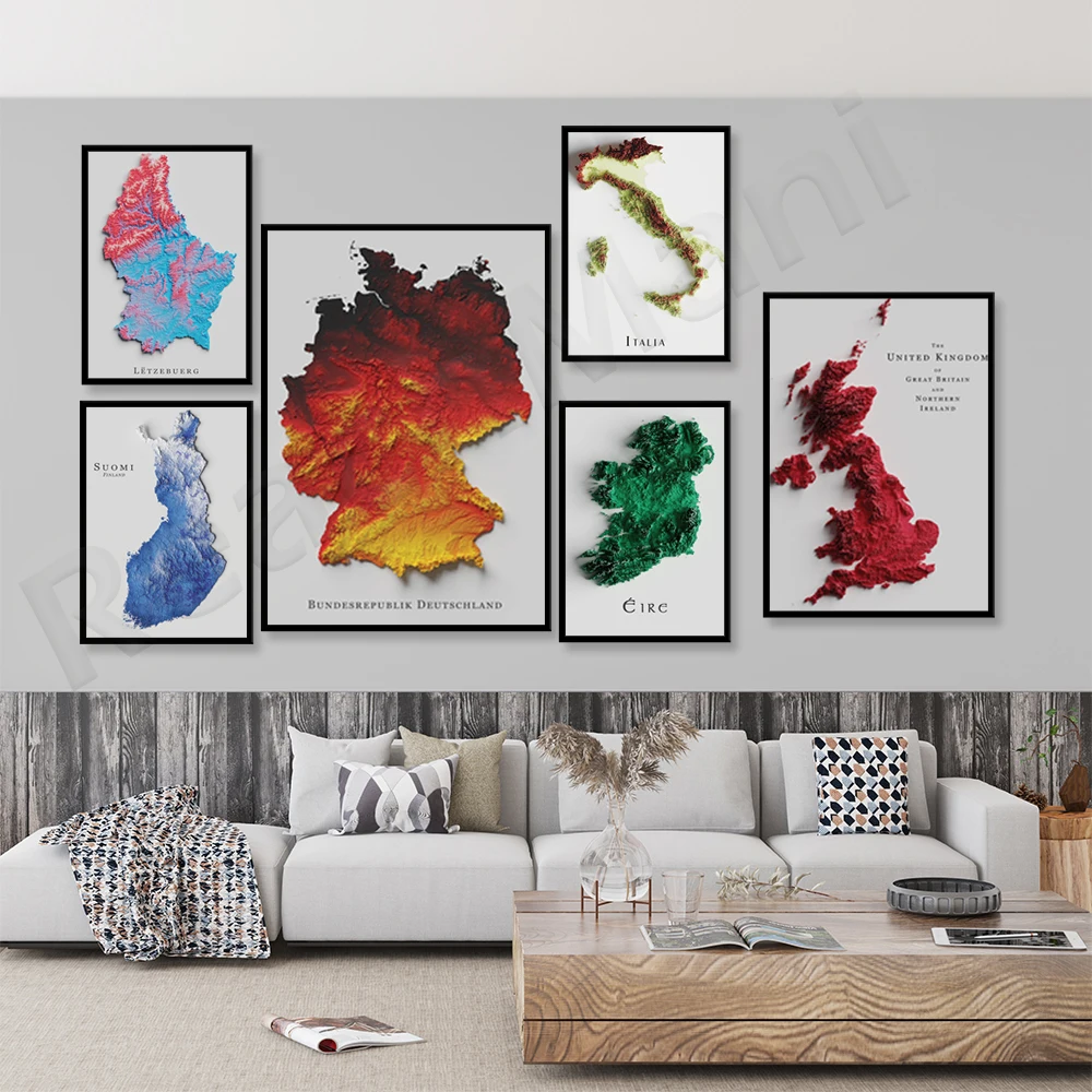 Póster con mapa en relieve de Malasia, Indonesia, Suiza, Italia, Irlanda, Alemania, Noruega, Reino Unido, Suecia, Luxemburgo, Finlandia, Islandia
