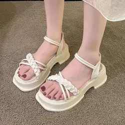 Beige Sandals 2024 Summer Black Thick Comfortable Girls New Beach Platform Stylish Lightweight Open-toed Shoes for Women