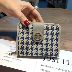 Women Canvas Genuine Cow Leather Short Wallet Card Holder Fashion Money Clip Coin Purse Money Clip Houndstooth Small Wallet