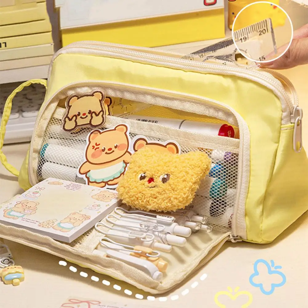 Professional Pen Storage Bag Multifunctional Pen Pouch Capacity Cartoon Bear Pattern Pencil Case with Zipper for Organization