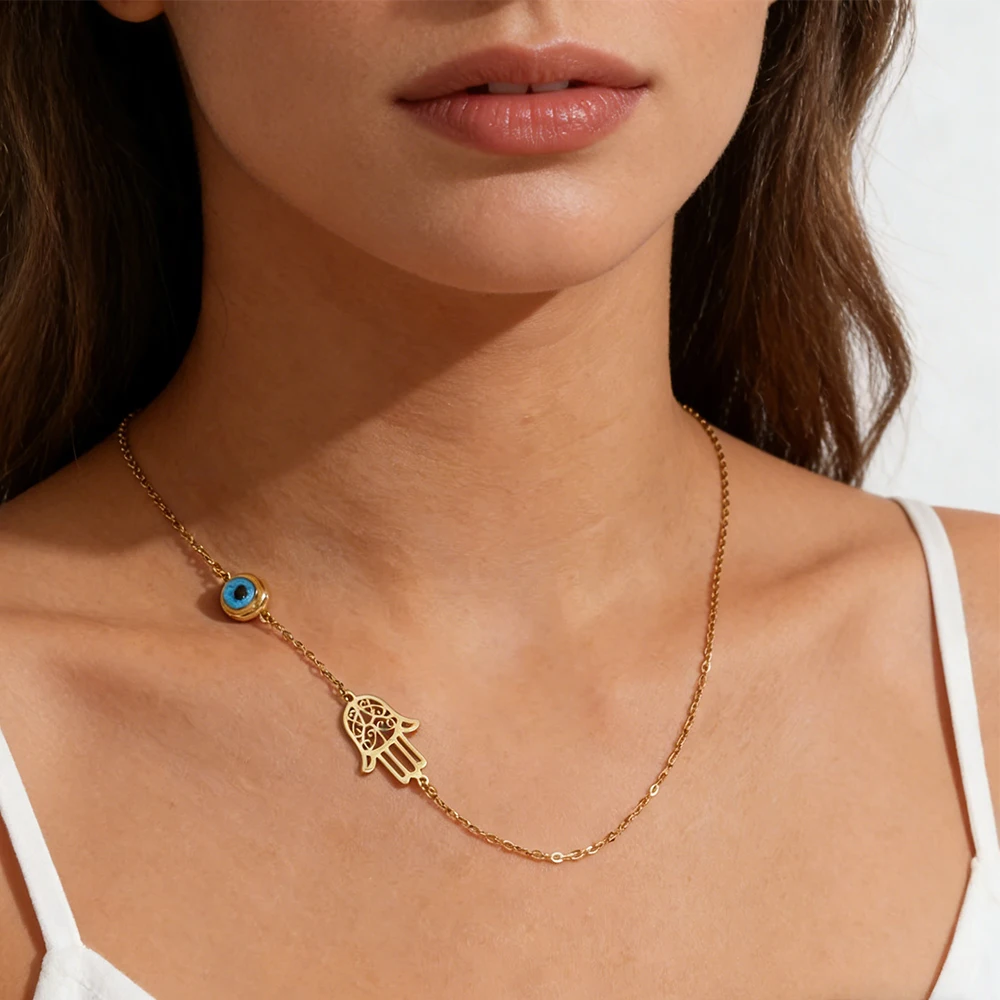 Skyrim Blaues Böses Auge Hamsa Fatima Hand Anhänger Halskette Edelstahl Goldfarbene Ketten Amulett Glücksbringer Schmuck Geschenk für Frauen