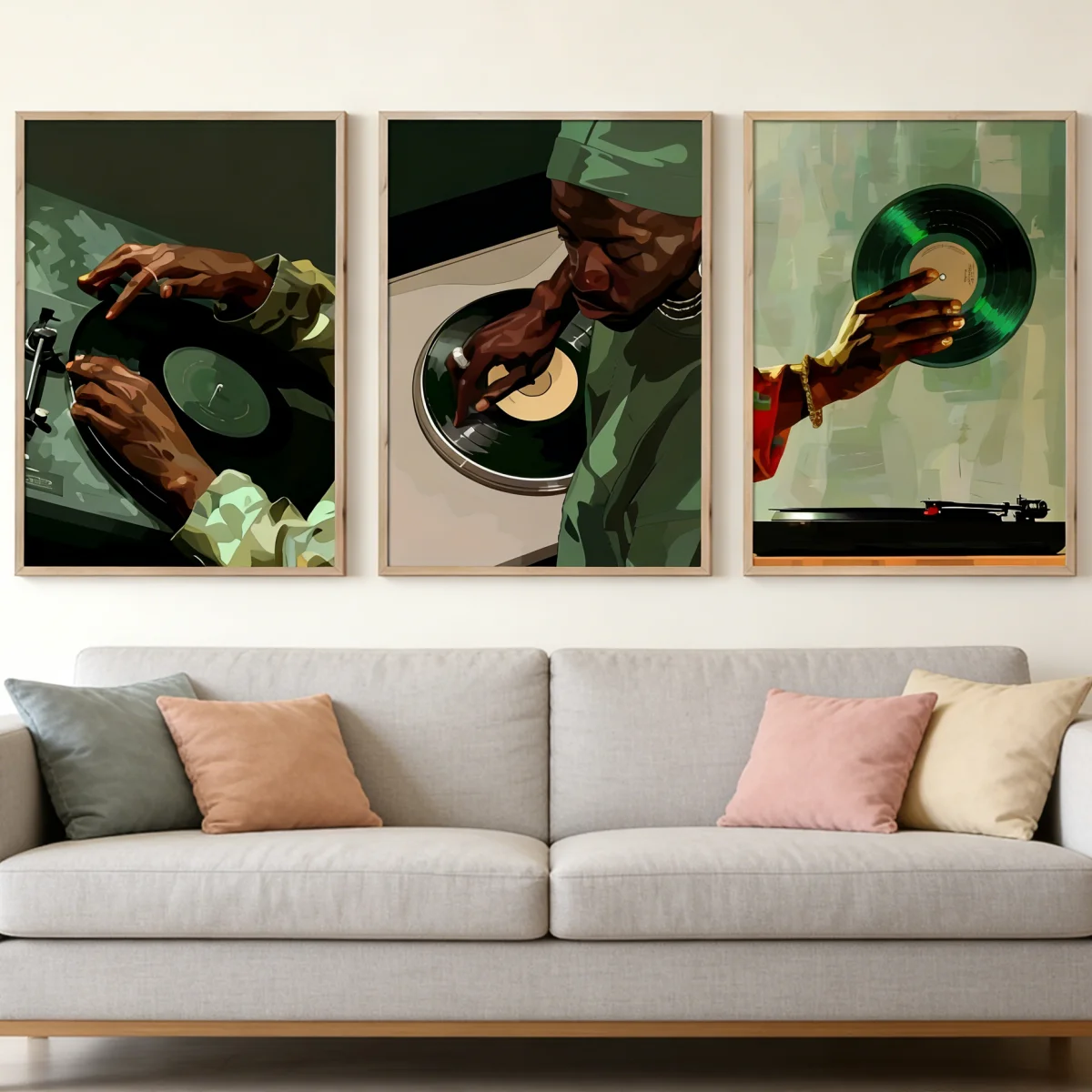 3PCS frameless  /set Black Man DJ Vinyl Record Canvas Prints Poster Modern Hip Hop Music Trendy Art Prints Living Room Wall Art view 2