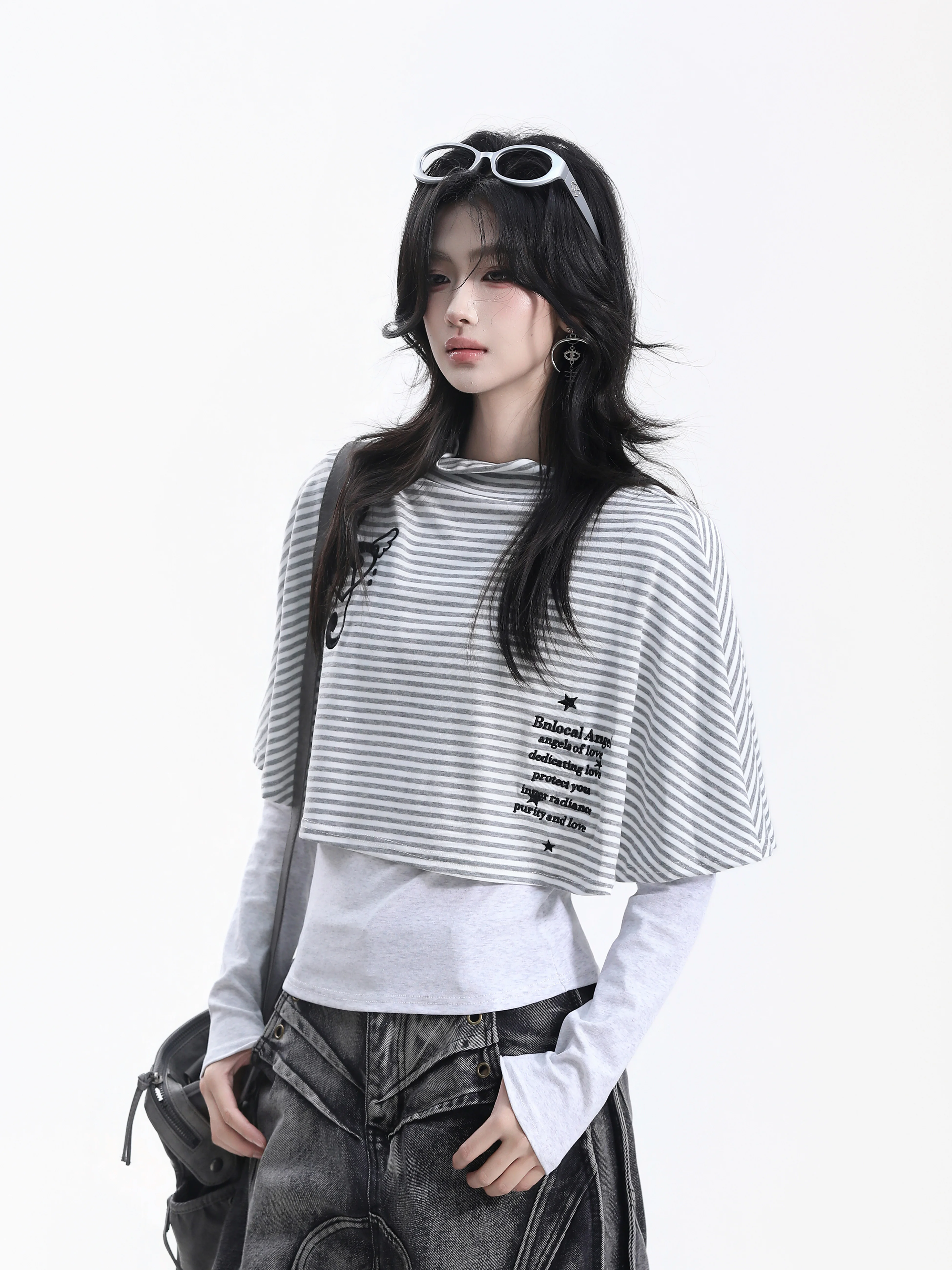 American Style Striped Fake Two-Piece Long Sleeve Women's Note Embroidery Shawl Versatile T-Shirt Slim Fit Polyester Blend