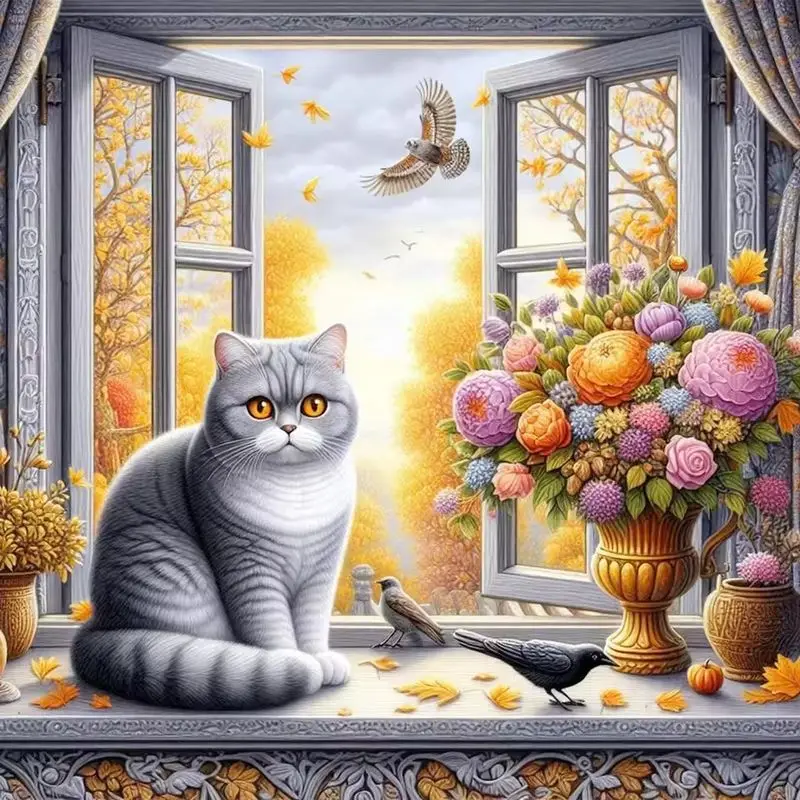 

CHENISTORY 5D DIY Diamond Painting Cat in front of the window Full Square Round Diamond Embroidery Cross Stitch Kit Home Decor
