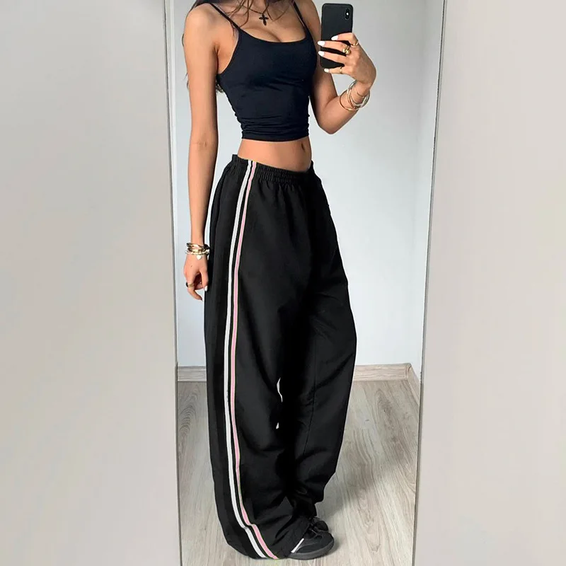 Webbing Clash Color Loose Casual Straight Pants Women Street Sports Elastic Waist Pants