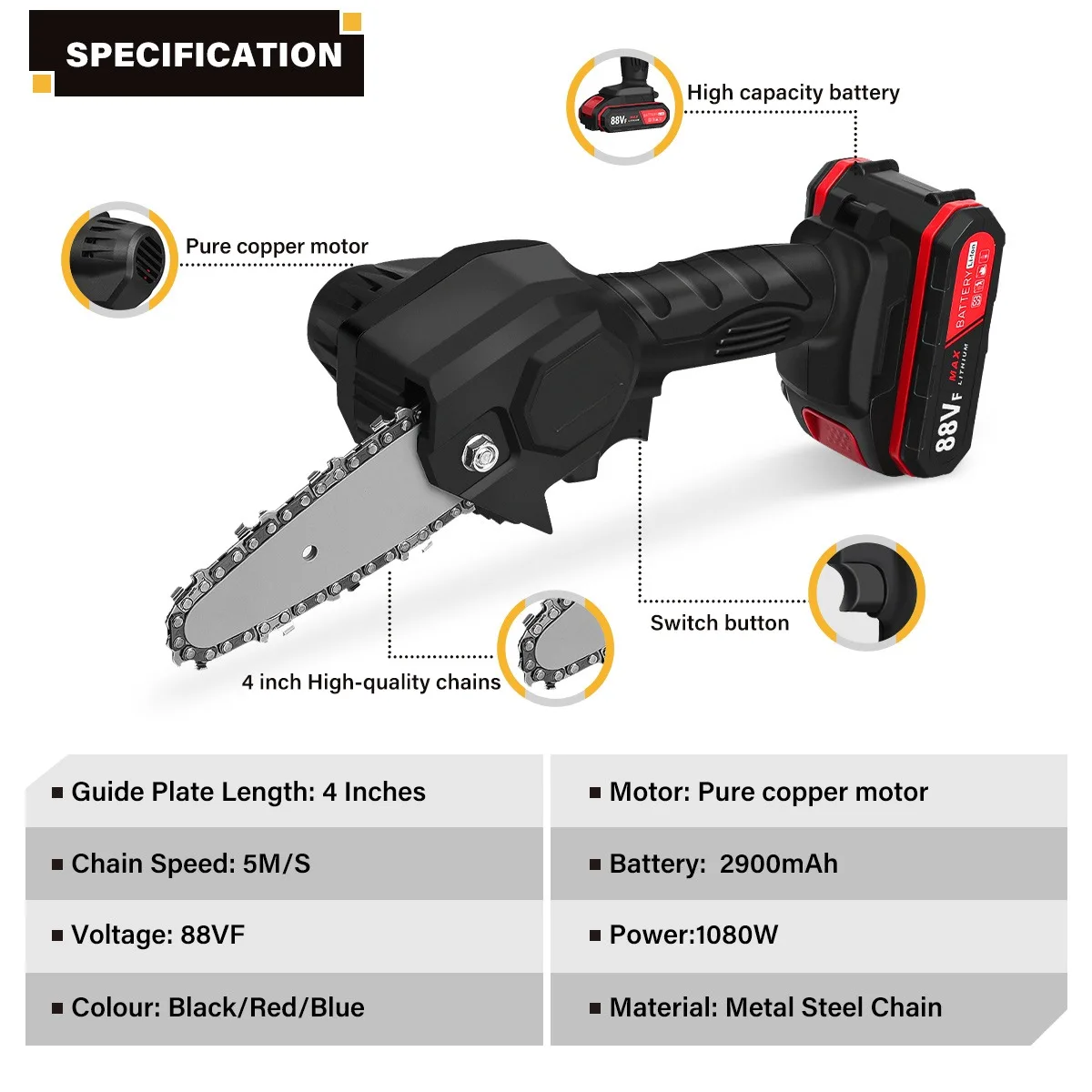 4inch Mini Electric Chain Saw 1080W Powerful Electric Cordless Saw Tree Branches Cutter Woodworking Tool by VIOLEWORKS