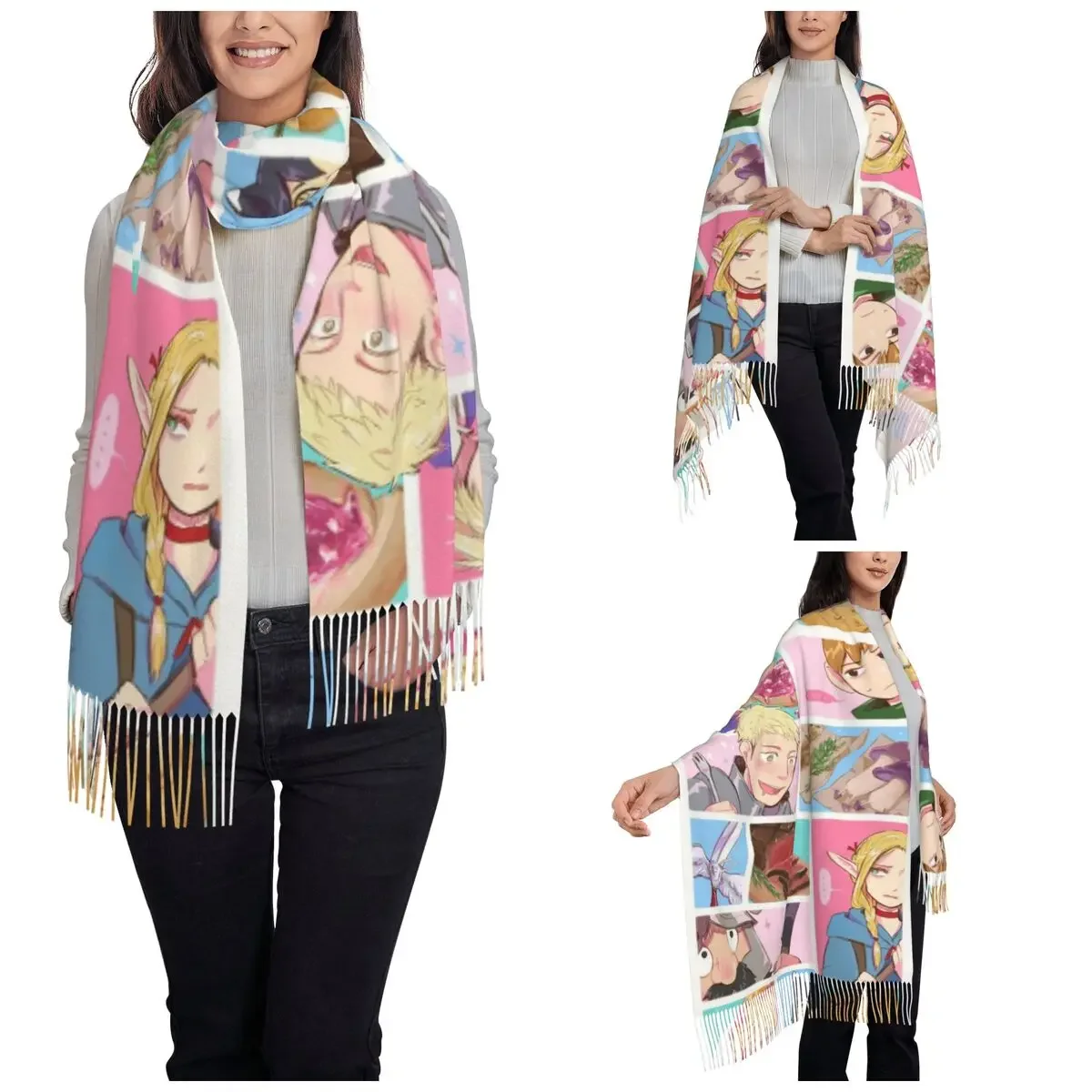 Women's Scarf with Tassel Dungeon Meshi Anime Marcille Laios Long Warm Shawl and Wrap Delicious In Dungeon Pashmina Scarves