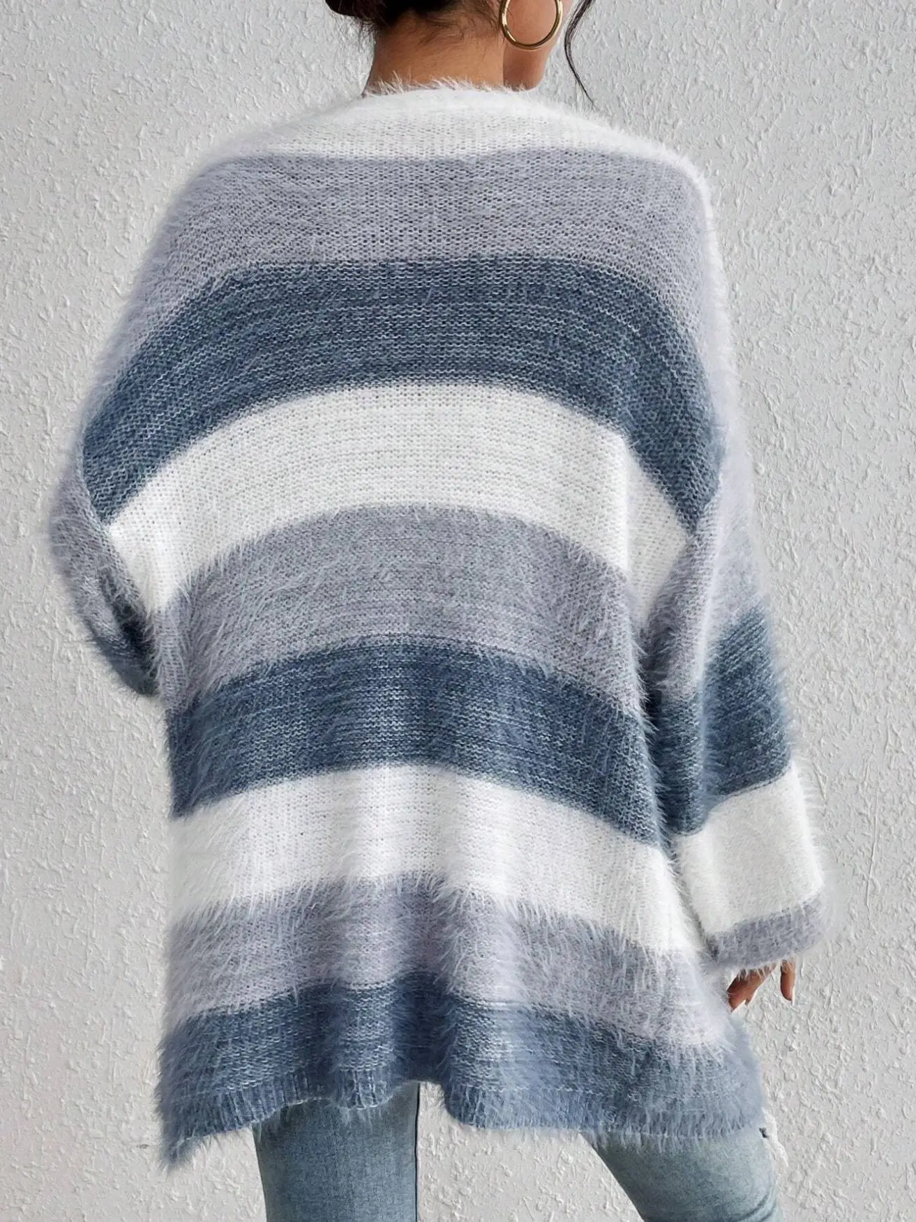 

Autumn-Winter Cardigan Plush Fuzzy Knitted Cardigan Striped Colorblock Longline Cardigan Oversized Thermal Open-Front Cardigan