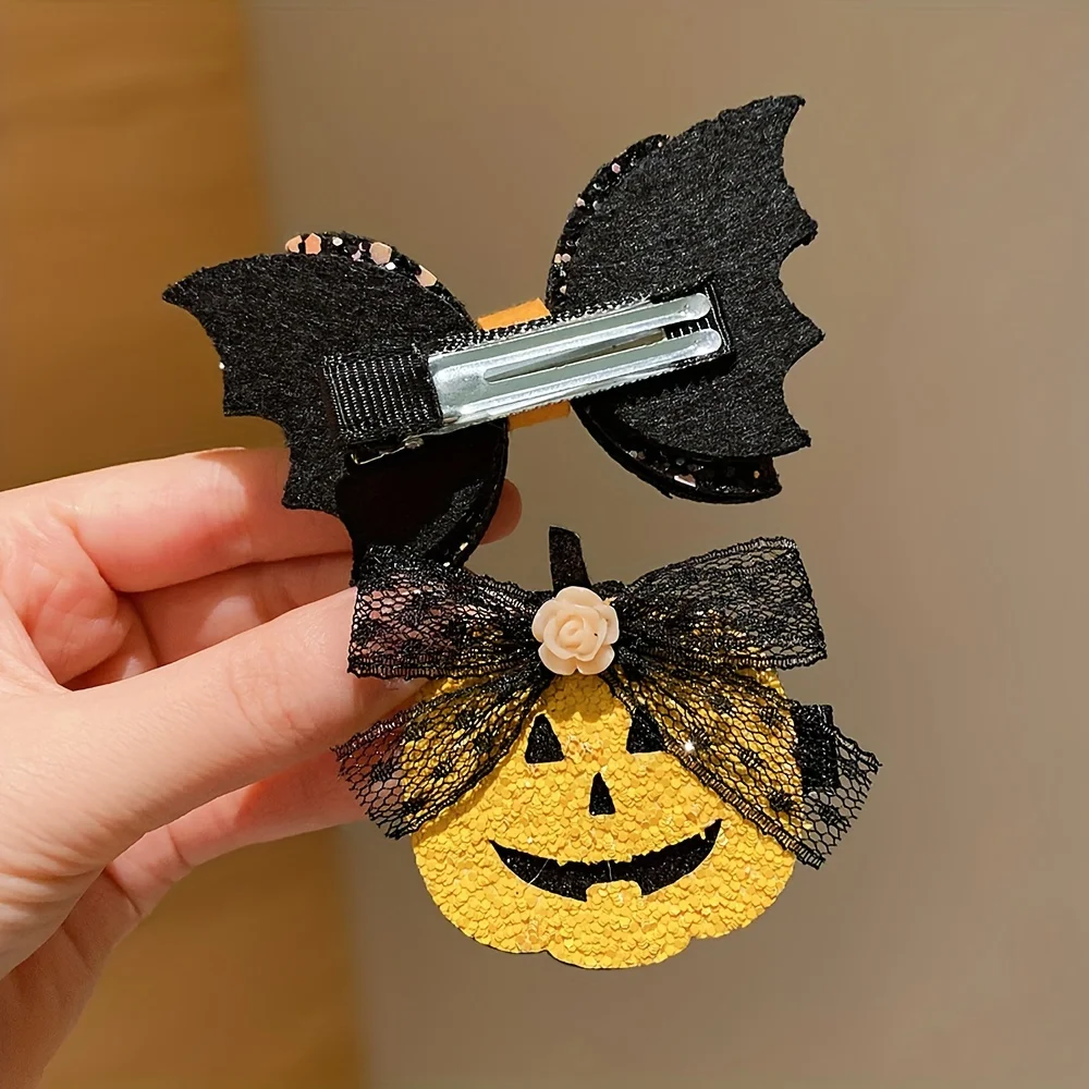 4 pieces of Halloween hair accessories black mesh bow hairpins cos dress up funny creative pumpkin devil hairpins