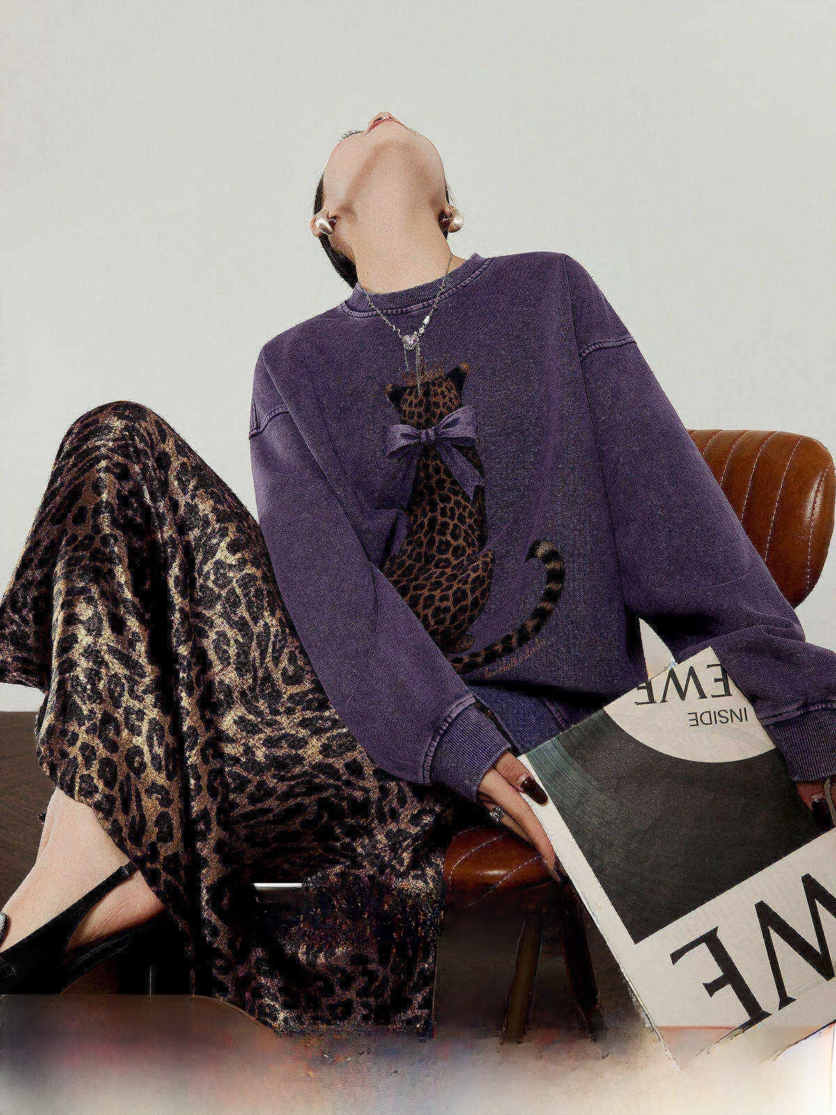 

Loose Fit Lavender Leopard Wax Print Dark Purple Hoodie Women's Spring 2026 New Style Casual Style Long Sleeve T-Shirt