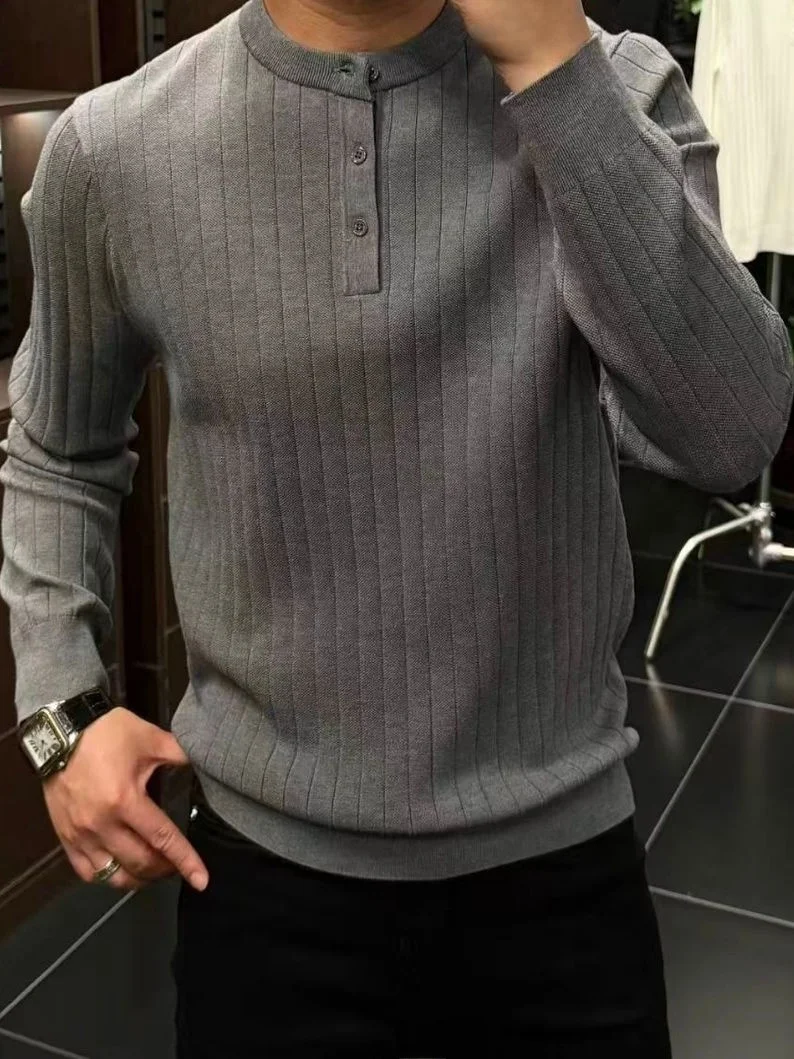 

Высококачественный мужской вязаный свитер с воротником Генри, простой Sle, осень-зима, модная повседневная одежда, длинный топ из полиэфирного волокна