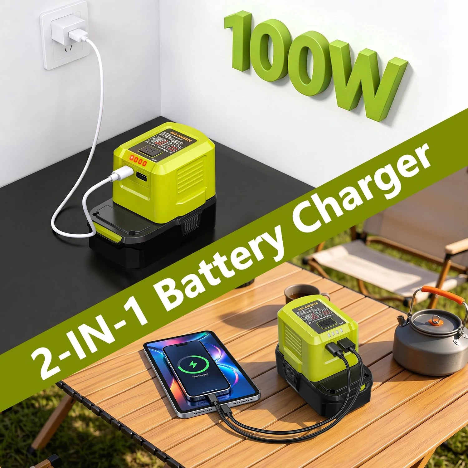 NEUES Verbessertes Tragbares 100W Schnellladegerät ADP01 für Ryobi 18V ONE+ Lithium-Akku, USB-Anschluss, Zwei-Wege-Ladegerät – Detail 6
