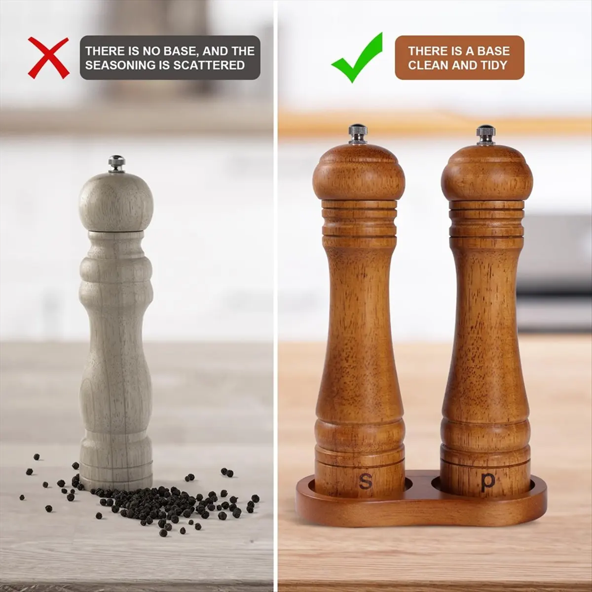 Wooden Salt and Pepper Grinder Set with Stand - 8-Inch Oak Wood Salt Mill Pepper Grinder Set, Adjustable Ceramic Core
