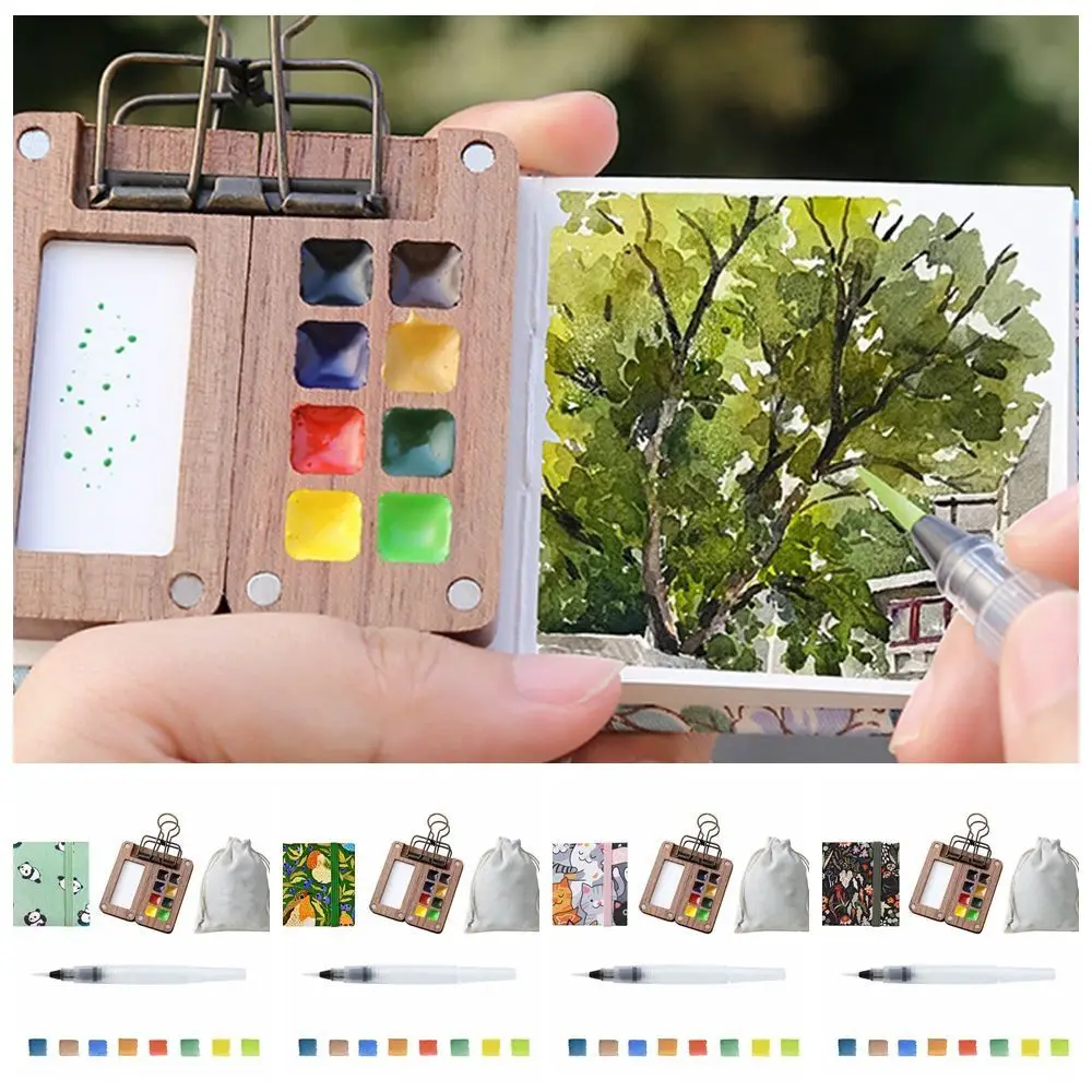 New Walnut Travel Paint Palette Set Durable with Clip Grid Paint Box Portable 8 Gride Watercolor Palette Travel