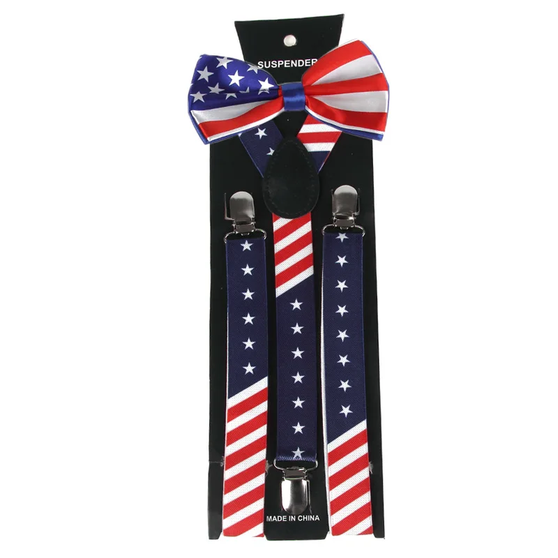 2pcs American Independence Day Adult Suspenders Clip + Bow Tie Set 2.5cm 3 Clips Unisex Suspenders Casual Party braces