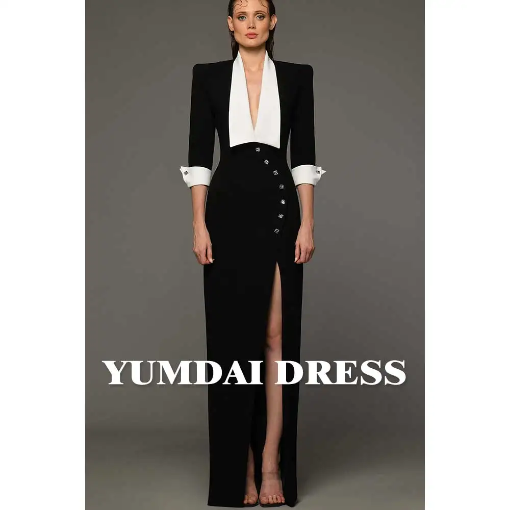Yumdai แจ็กเก็ตคอวีสีดำและสีขาวสำหรับปาร์ตี้หรูหราชุดกระโปรงแขนยาวดูไบโอกาสพิเศษเดรสสำหรับแขก